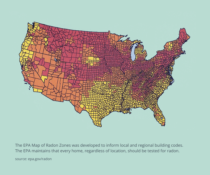 EPA radon map: map of USA showing states known to have high radon